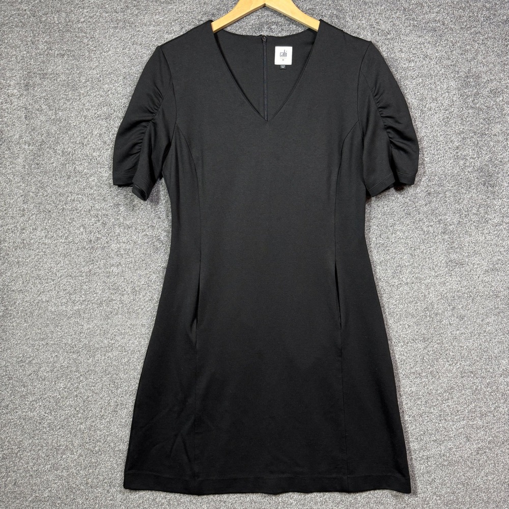 Cabi Dress Size M Black V-Neck Ponte Knit Sheath Ruched Puff Sleeve Pockets